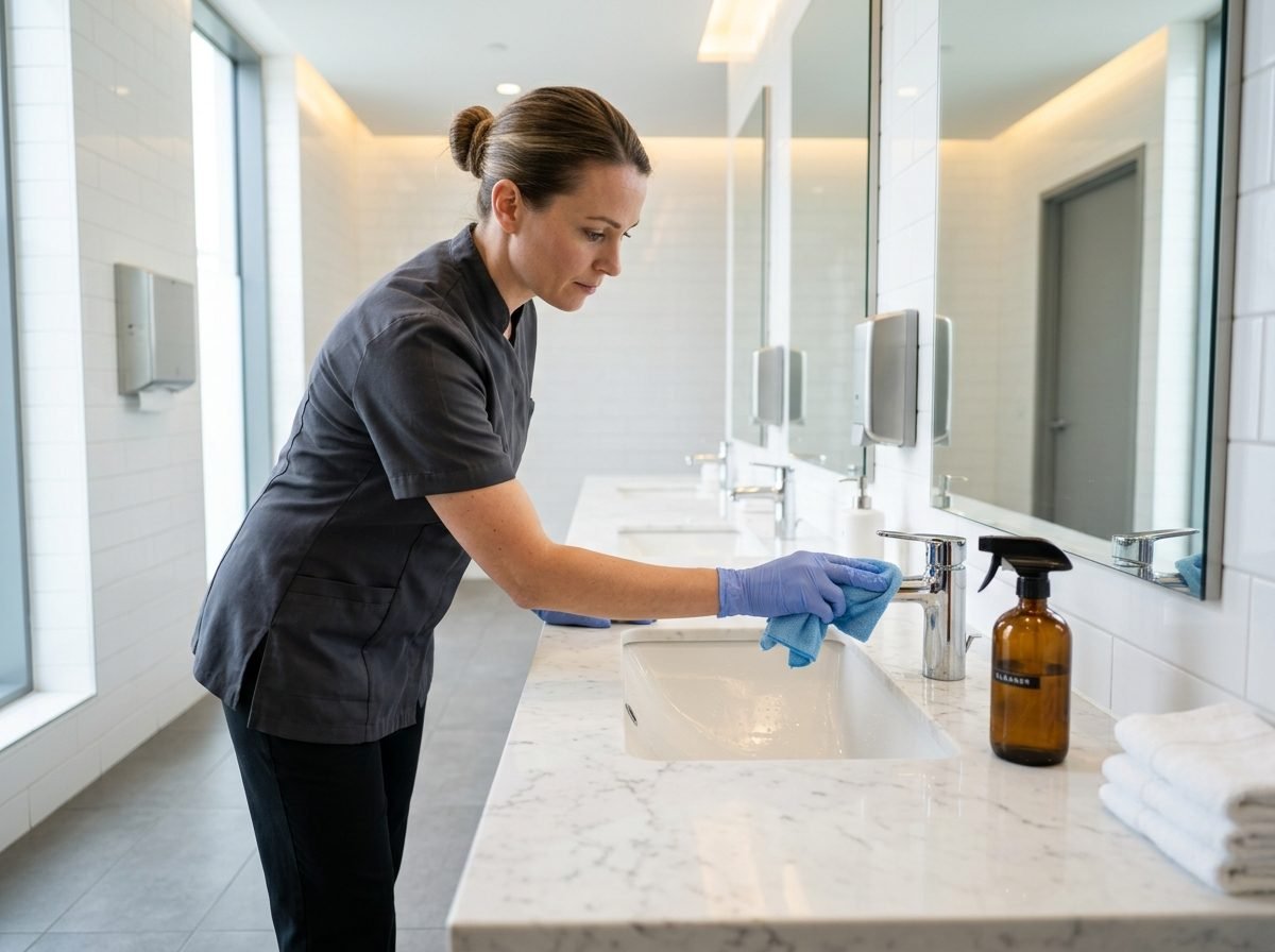 A commercial restroom being cleaned and sanitised.